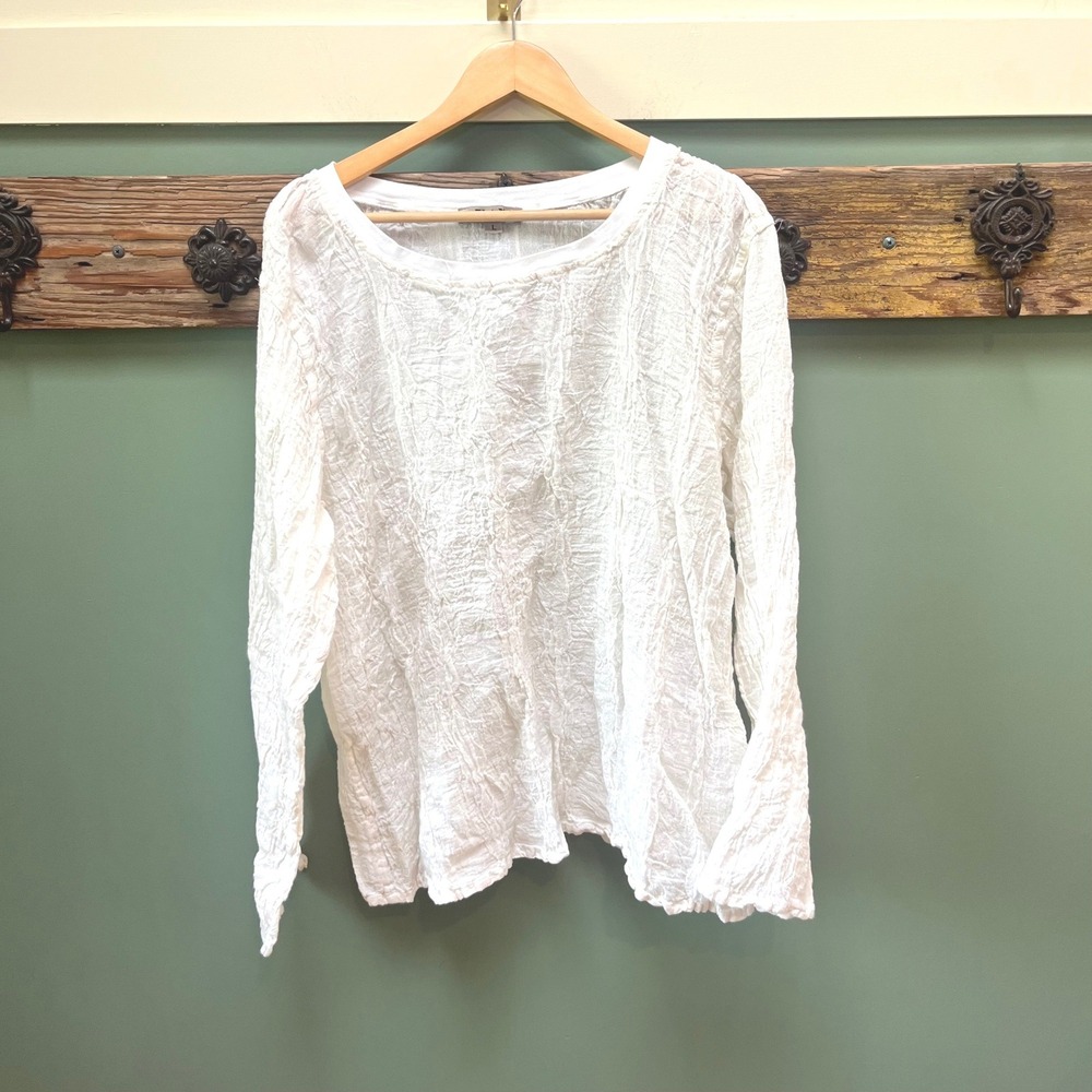 FLAX Womens White Linen Cotton Blend Crinkle Gauze Long Sleeve Top Large